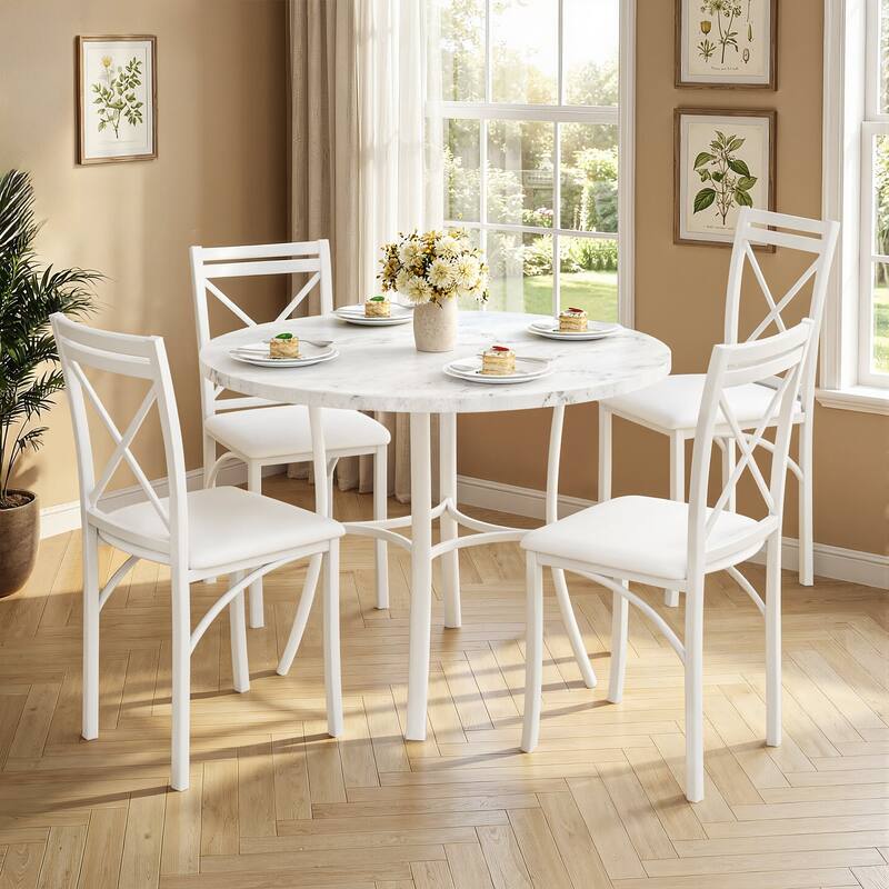 VECELO Round Dining Table and Chairs Sets 4 Colors Dining Table Set - White