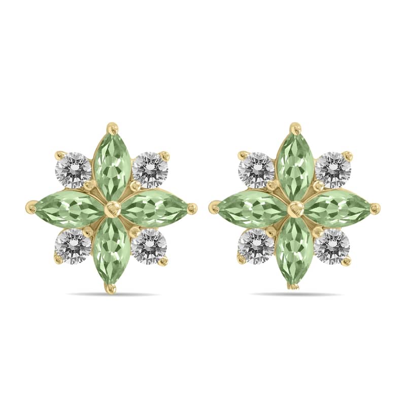 Marquee 1 Carat TW Green Amethyst and Diamond Flower Earrings in 10K Yellow Gold