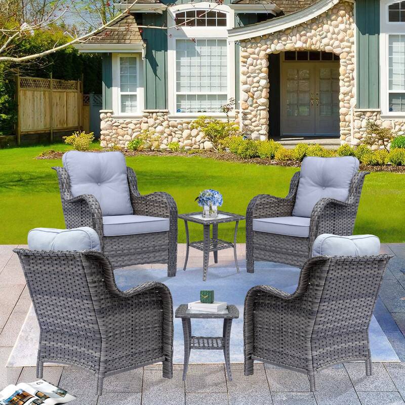 6 Piece Outdoor Wicker Rattan Patio Conversation Furniture Chairs Sets - Grey-Gray Rattan