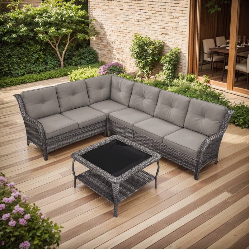 Outdoor Sectional Sofa Furniture Set - Grey Rattan - Grey Cushion - Sectional Sofa with Coffee Table