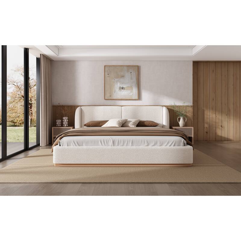 King Size Bed Frame with Upholstered Wingback Headboard, Solid Wood Base, White