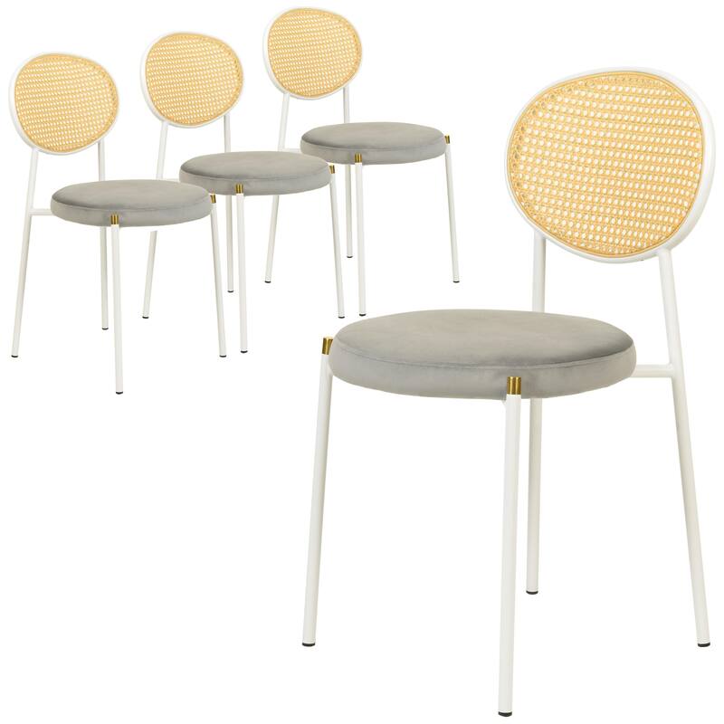 LeisureMod Euston Set of 4 Velvet Modern Dining Chair - Wicker Back Accent Chair for Home Living Room & Kitchen - Grey