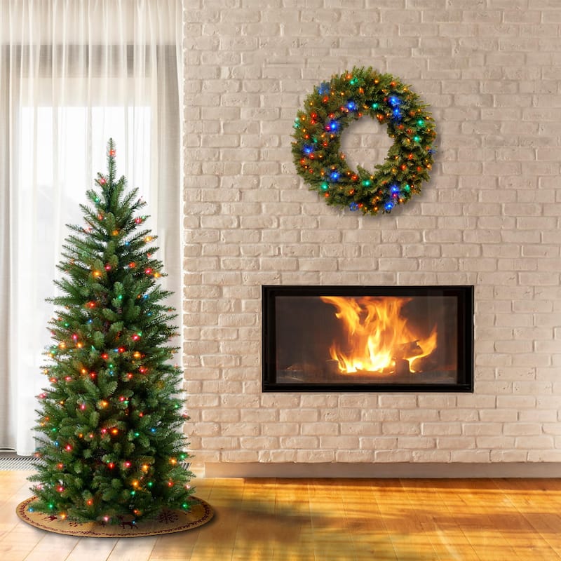 National Tree Company 4.5 ft. Kingswood Fir Hinged Pencil Tree 150 Multi Lights - 4.5 Foot