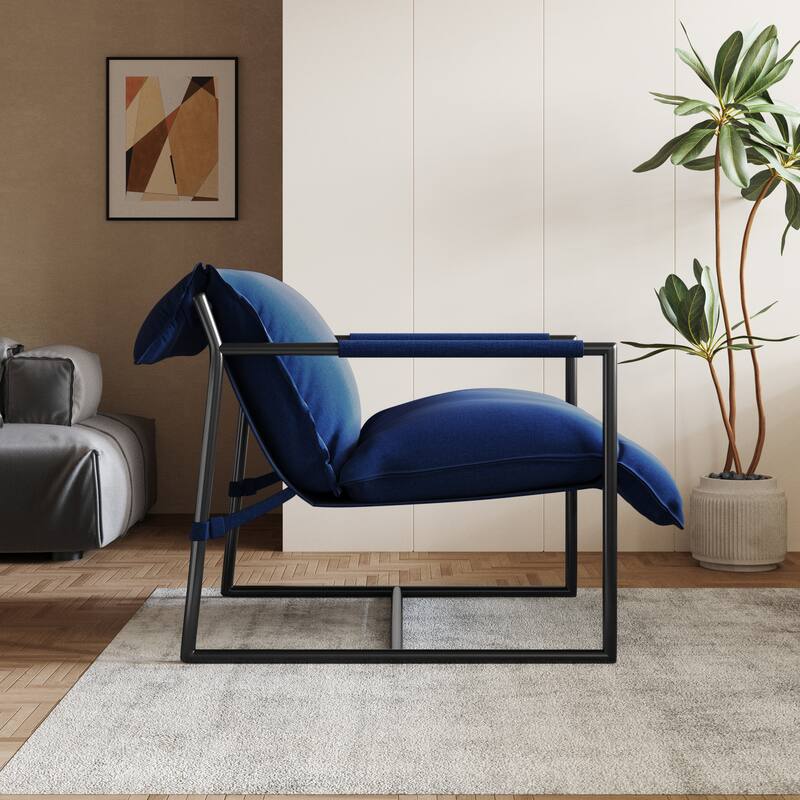 Mid-century Metal Sling Upholstered Armchair with Lengthen Upholstered