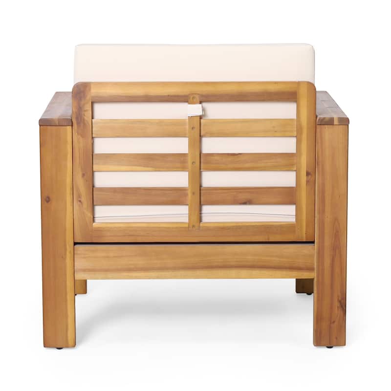Roomfitters Outdoor Acacia Wood Loveseat and Coffee Table Set, Cream Cushions, Teak Finish, Ideal for Patio, Garden, or Porch