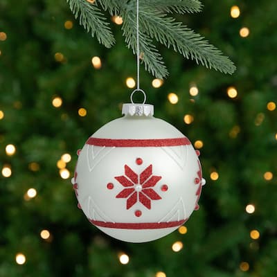 Glittered Snowflake Glass Christmas Ball Ornament - 4" - White and Red