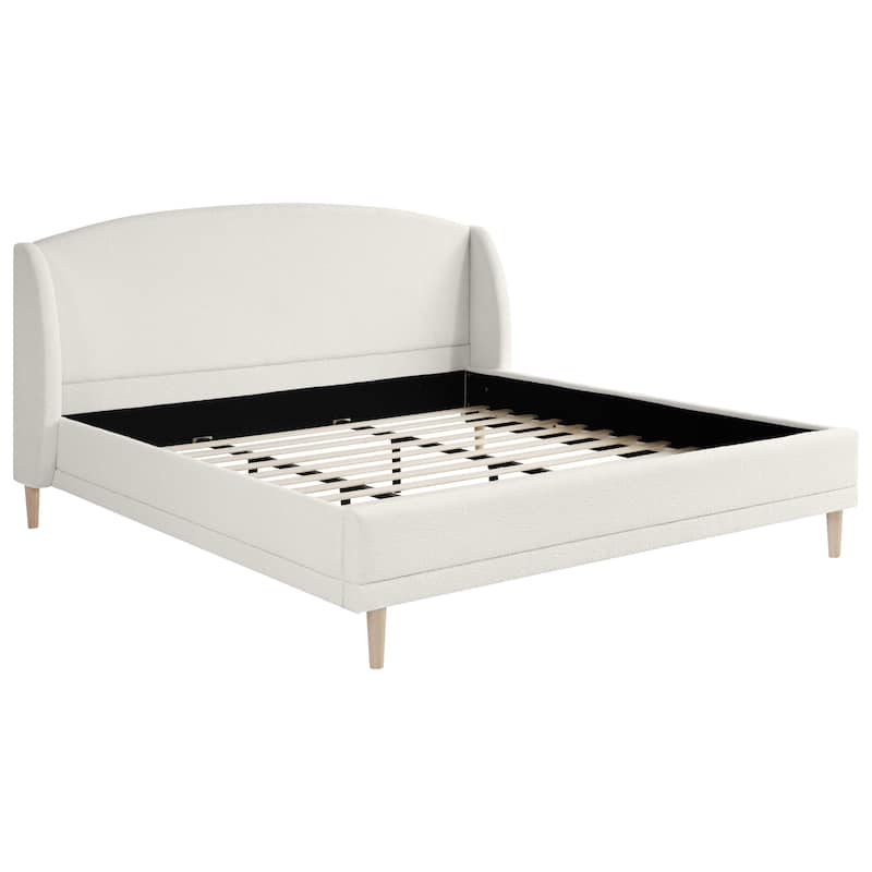 White Upholstered Bed Rounded Corners Headboard Boucle Fabric Wingback Bed with Wood Slat and Metal Support Frame, Platform Bed
