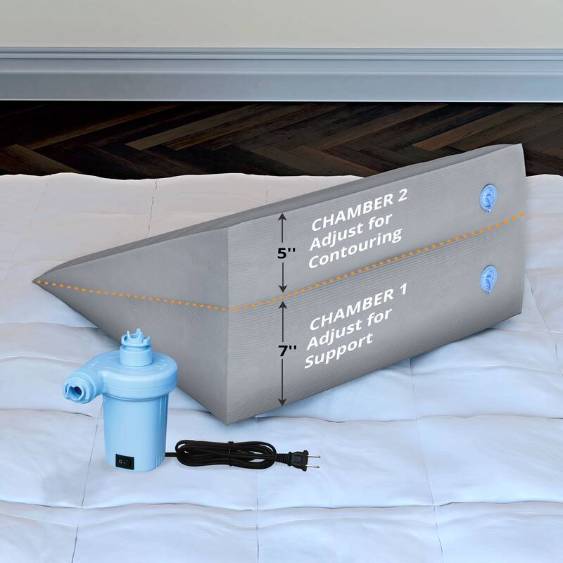 Inflatable Air Wedge Pillow with Dual Adjustable Chambers - Portable Wedge Pillow with Electric Pump Included - Grey