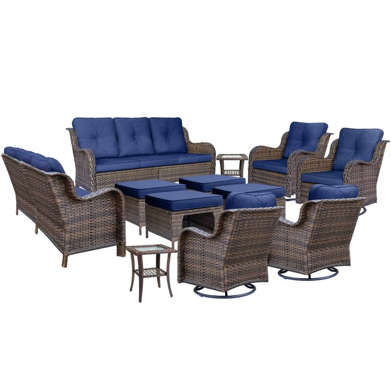 12 Piece Outdoor Wicker Patio Furniture Seating Set with Swivel Chairs