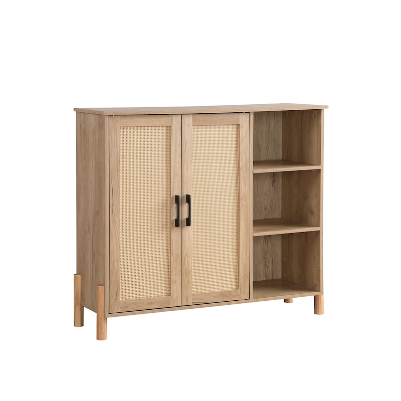 GDFStudio - Harper Mid-Century Modern Storage Cabinet with Woven Rattan Doors, Open & Adjustable Shelves - Particle Board