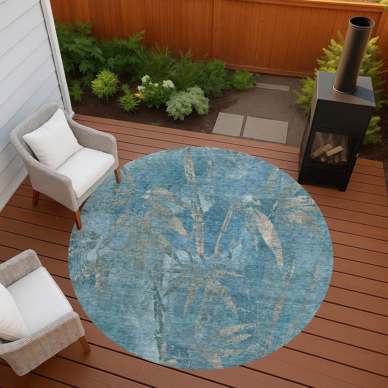 Machine Washable Indoor/ Outdoor Modern Floral Chantille Rug - Seafoam - 8' x 8'