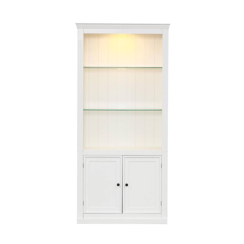 78.75"H 4-Tier Display Shelf,with Dimmable Ceiling Light,Freestanding Bookcases with Storage & Doors,Adjustable Glass Shelves