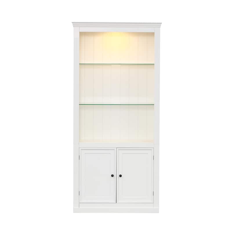78.75"Tall Display Shelves with 5 Colors Adjustable LED Ceiling Light, Retro-style Bookcases with Tempered Glass Shelves