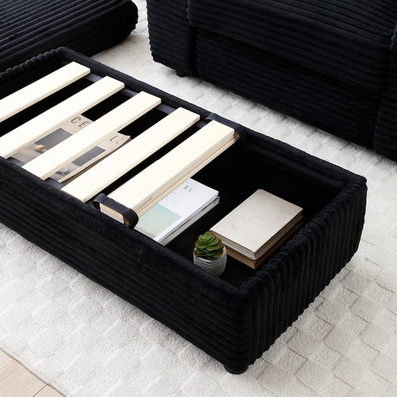Set of 2 Sofa Armhair & Storage Ottoman, Corduroy Single Chaise Lounge with Extra Wide Armrests and Cup Holders