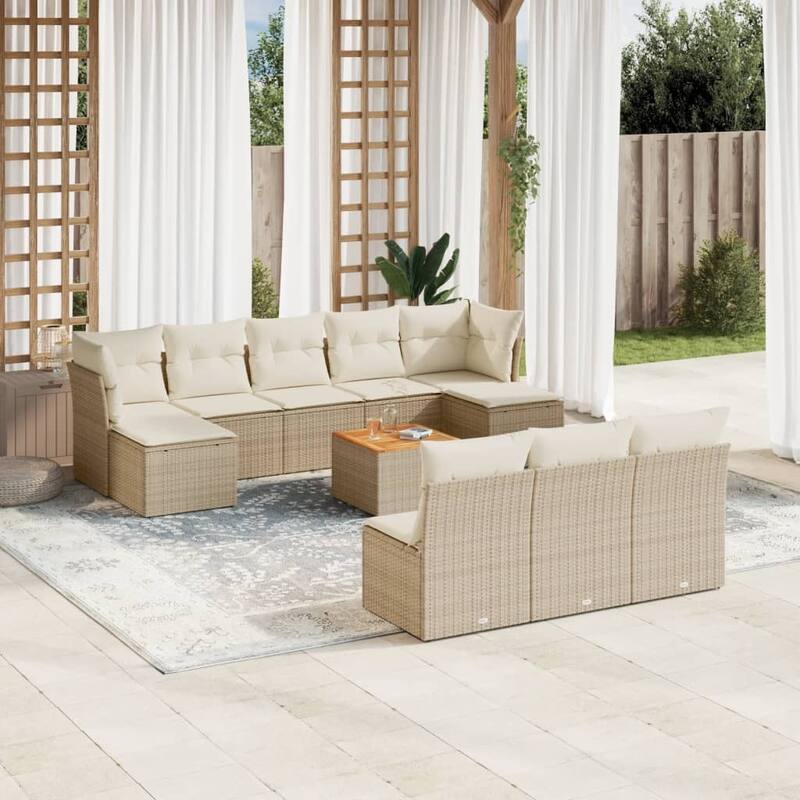 vidaXL Patio Sofa Set with Cushions Outdoor Furniture 11 Piece Poly Rattan - 24.4 x 24.4 x 27.2 - Beige and Cream