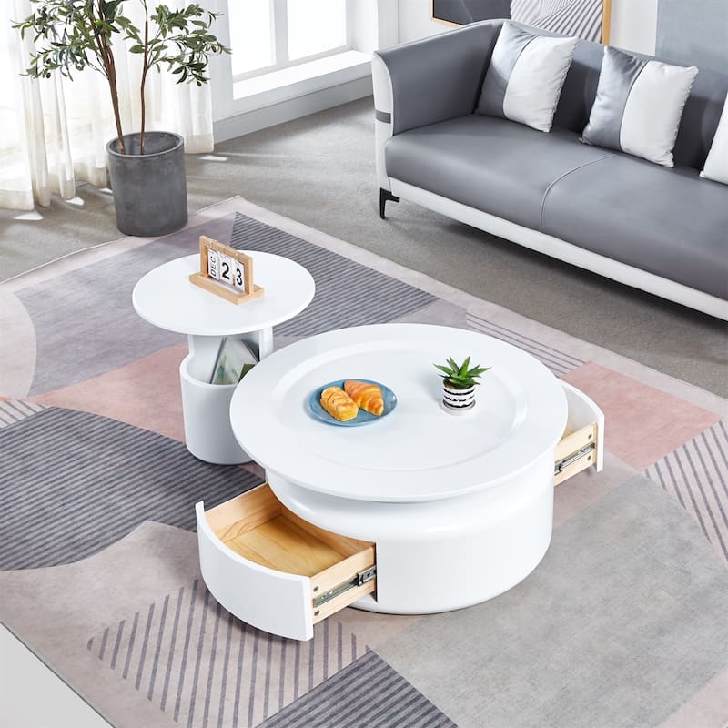 2 Pieces White MDF Round Coffee Table Set