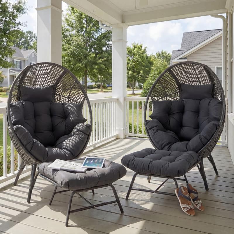Set of 2 Outdoor Wicker Egg Chairs with Ottomans, 4-Piece Patio Lounge Chair Set, 6.5" Thick Cushions, 440 lbs Capacity - Dark Grey