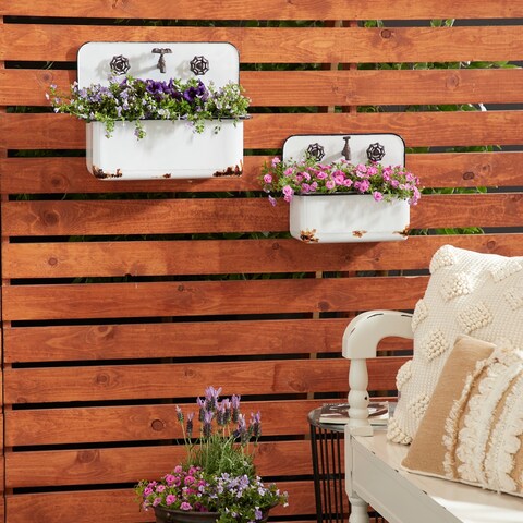 White Iron Farmhouse Planter (Set of 2) - 17 x 10 x 13