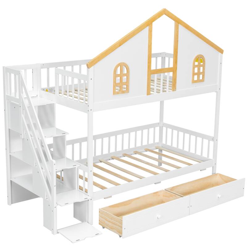 Fairytale Bunk Bed with Window Door House-shaped Roof Frame and Storage Staircase, Optional with Storage Drawers or Trundle Bed