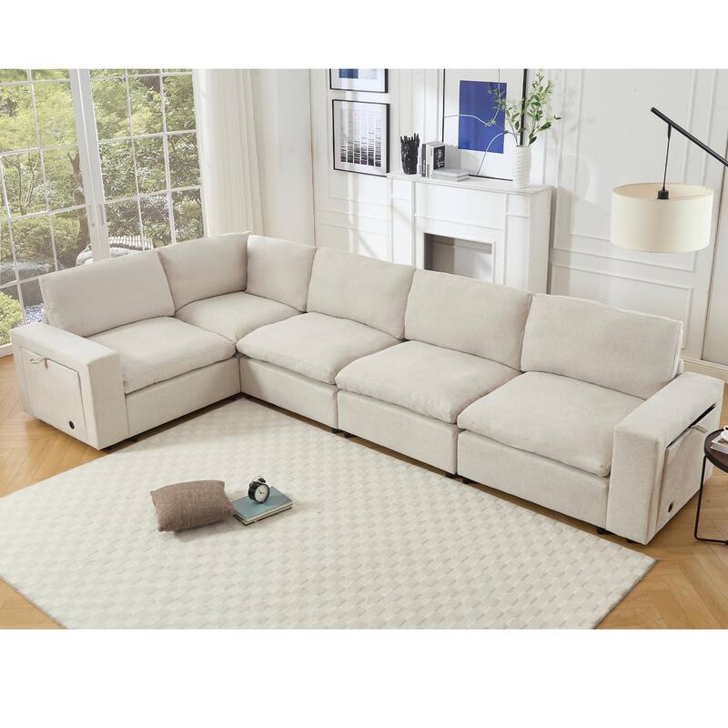 5-seat Modular Sectional Couch with Wireless Charging, Cup Holders & Book Storage, Beige Soft Linen Fabric
