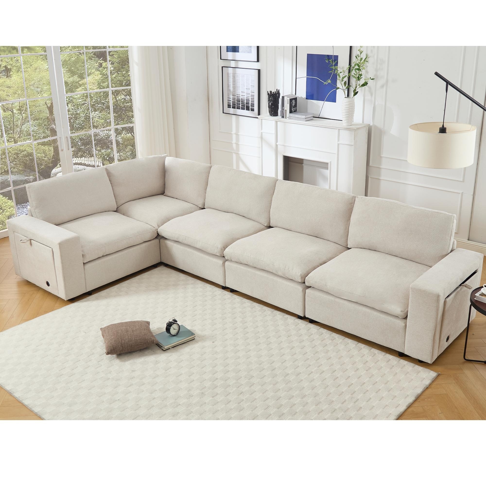 L-shaped Modular Sofa Linen Sectional Couches with Pull-out Wireless Charging Port and Cup Holders, Living Room Deep Seat Chaise