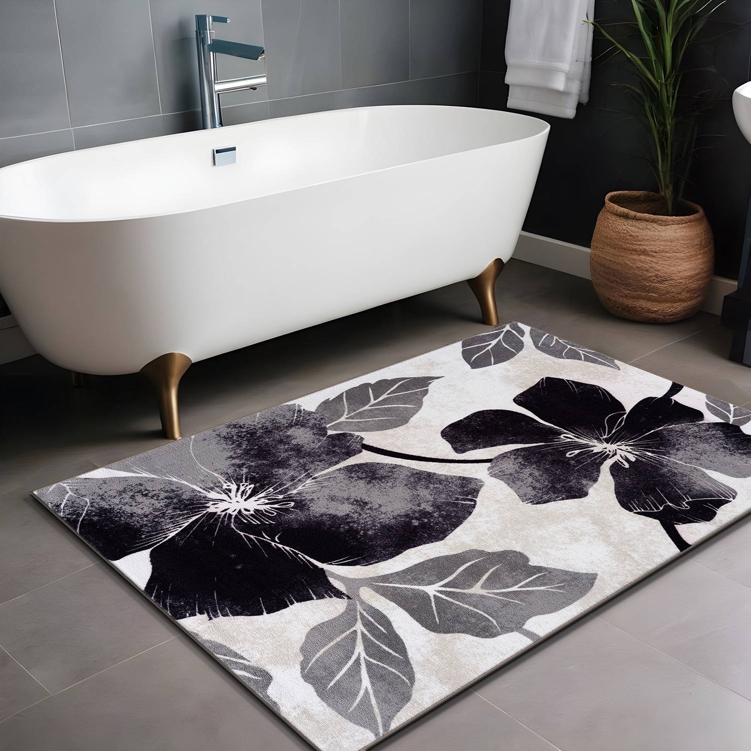 Bahamas Black White Floral Non-Slip Rubber Back Indoor Area Rug