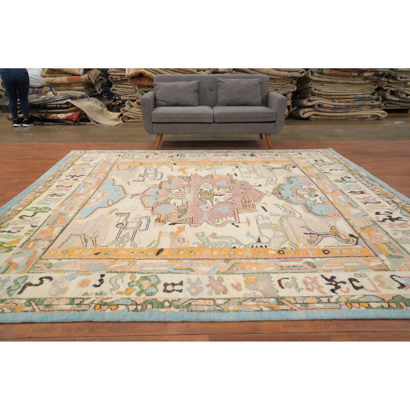 Hand Knotted Oriental 100% Wool Carpet Transitional Geometric Beige & Ivories Oushak Area Rug - 9' 11'' X 10' 1''