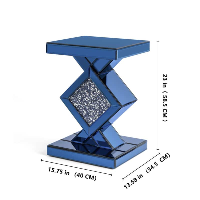 Modern Mirrored Glass Top End Table with Crushed Diamond