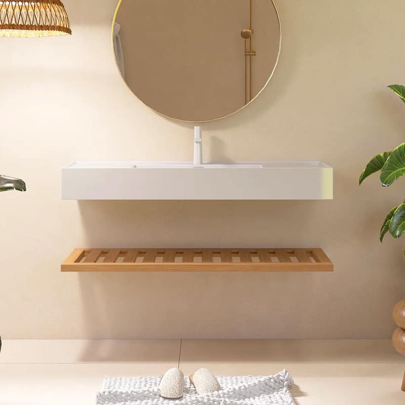 Wall-Mounted Bathroom Vanity in Natural Wood with White Integrated Acrylic Sink - 47.24'' x 18.11'' x 8.15''