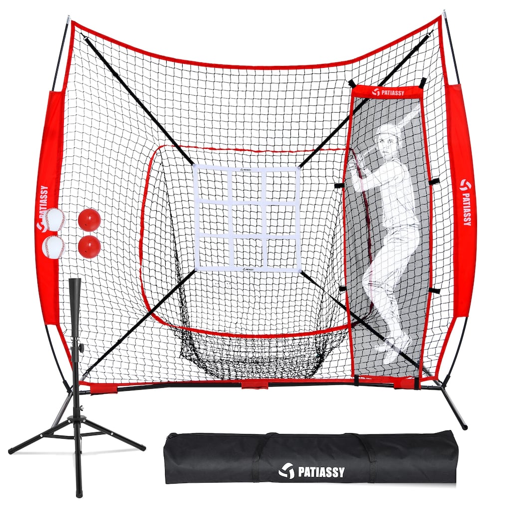 Patiassy 7'x7' Baseball Softball Net for Hitting and Pitching with Batter, Portable Pitching Net