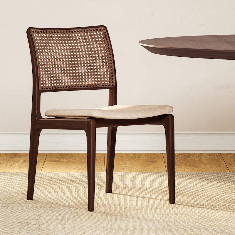 Modern Brazilian - Charlotte - Cane Side Chair - Medley Ivory Seat - Ebano Frame - Natural Cane Webbing - Medley Ivory, Nogal