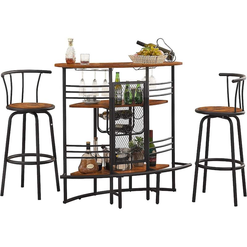 VECELO, 3-Piece Bar Table Set, Rustic Dining Room Pub Tables with Storage Shelf, 2 Back Barstools, Counter Height, - Rustic Brown
