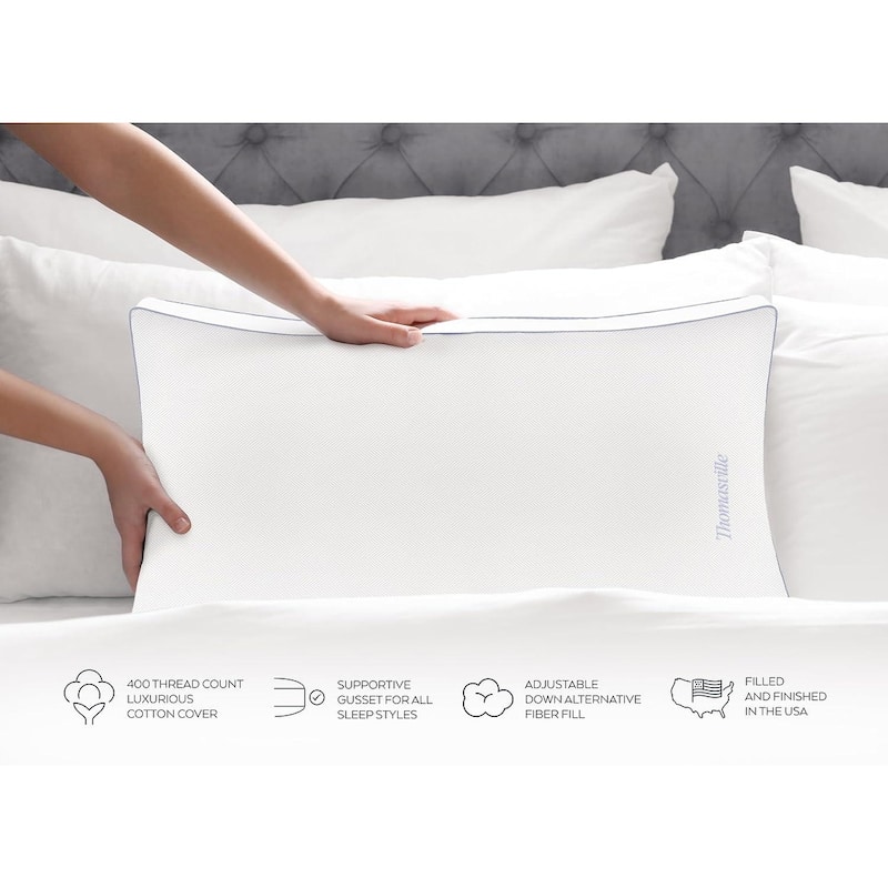 Thomasville 100% Cotton Herringbone Bed Pillow with Supportive Gusset for Side, Back and Stomach Sleepers, Set of 2