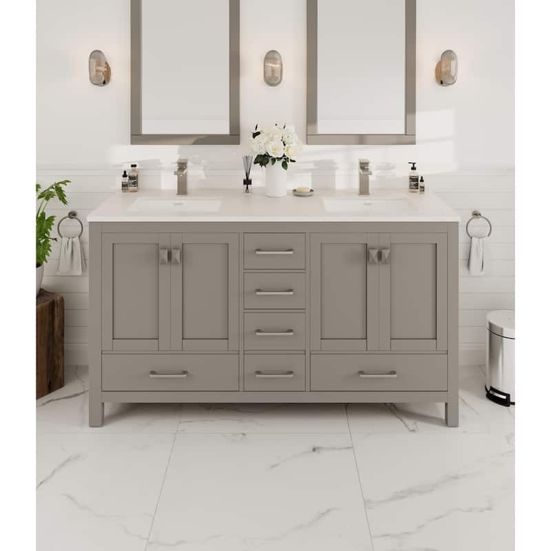 Eviva London 60"W Gray DS Bath Vanity with White Carrara Quartz Top
