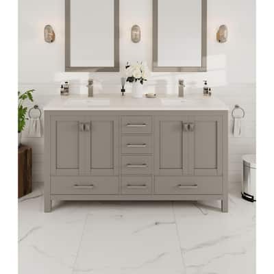 Eviva London 60"W Gray DS Bath Vanity with White Carrara Quartz Top