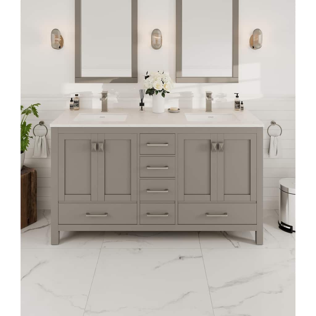 Eviva London 60"W Gray DS Bath Vanity with White Carrara Quartz Top