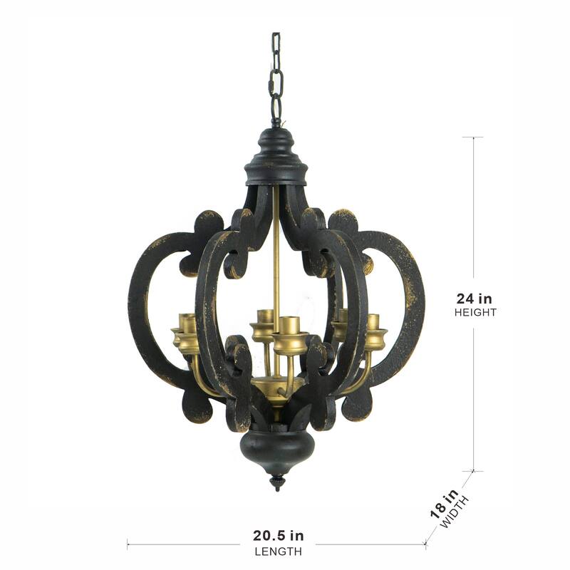 French Country Wood Chandelier, 6-Light Farmhouse Pendant Light Fixture with 28" Adjustable Chain, Bulb Not Included