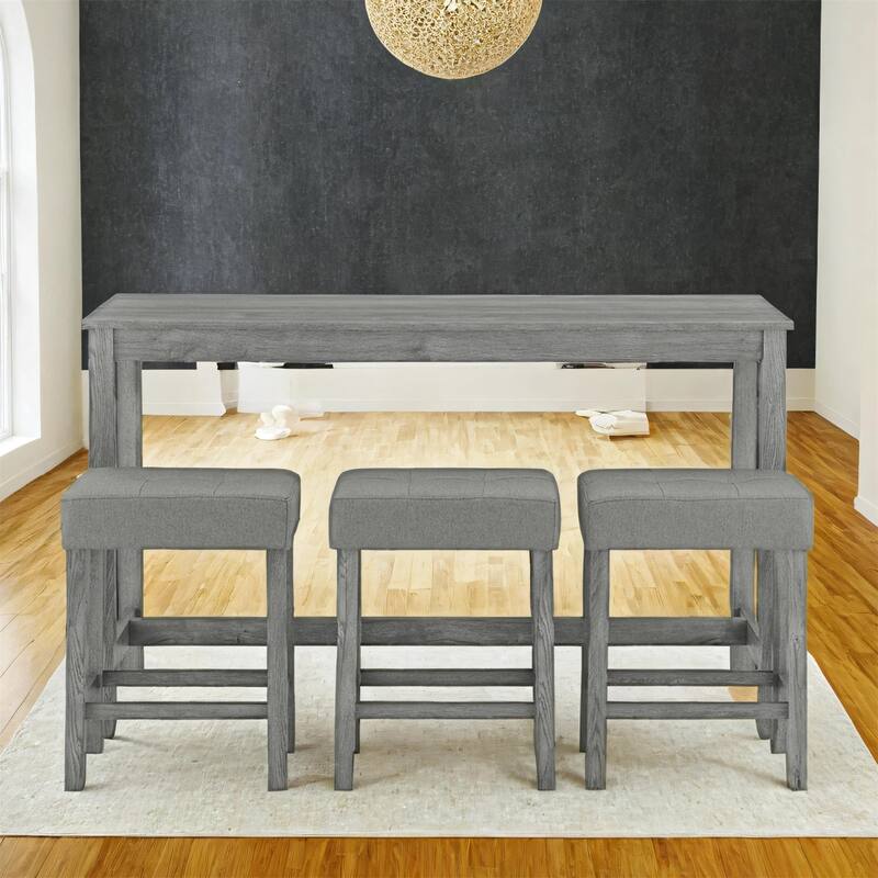 59 Inch 4 Piece Bar Table and Chair Set with Power Outlet and 3 Upholstered Stools