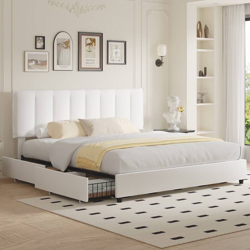 White Bed Frame with 4 Storage Drawers, Upholstered Platform Bed Frame with Adjustable Headboard