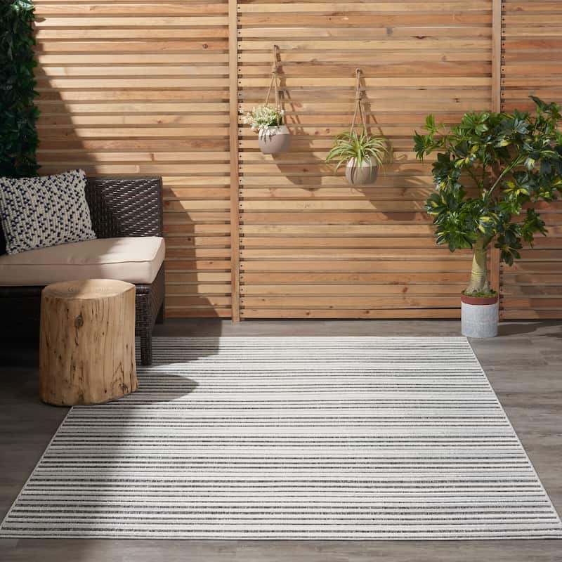 Nourison Calobra Traditional Geometric Stripe Indoor Outdoor Striped Area Rug - 5'3" x 7'3" - Dark Grey