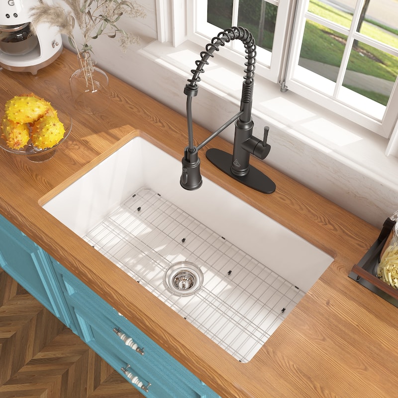 CASAINC Undermount Single Bowl Fireclay Kitchen Sink with Bottom Grid and Strainer, cUPC Certified - 32 x 19 - Glossy White