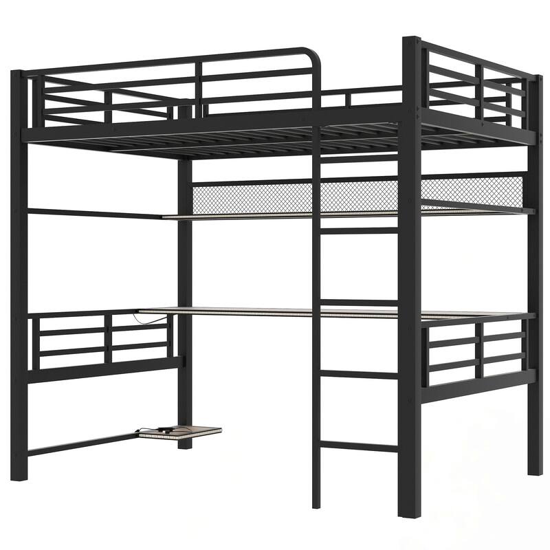 Full Size Metal Loft Bed Frame with Storage Shelf and LED Light, Iron Mesh