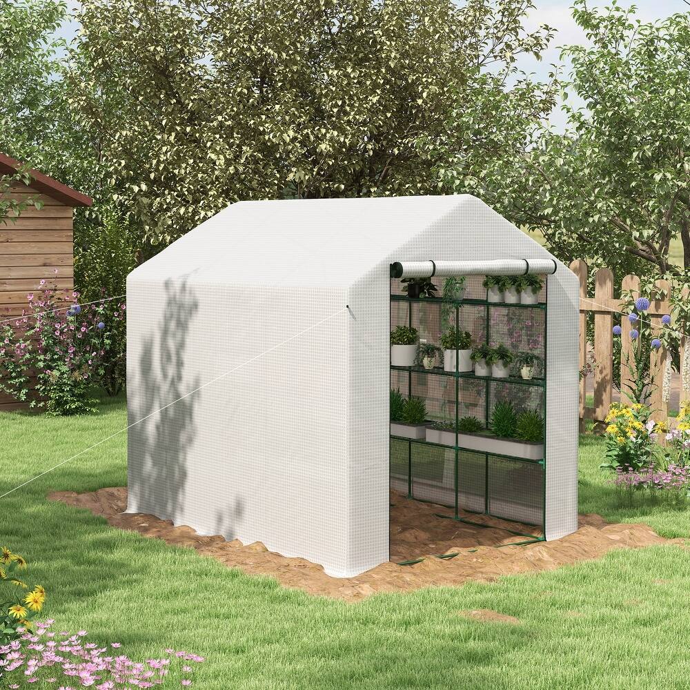 Outsunny Walk-in Greenhouse for Outdoors with Roll-up Zipper Door, 18 Shelves, PE Cover, Small and Portable Green House