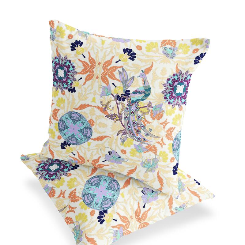 HomeRoots Set of Two 16" X 16" Orange and White Peacock Blown Seam Eclectic Indoor Outdoor Throw Pillow