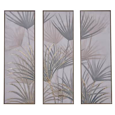 Canvas Leaf Palm Living Room Framed Wall Art with Gold Frame - Set of 3 Brown - Roche River Decor