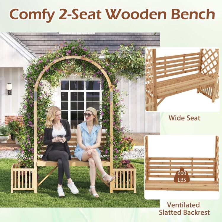 Natural Fir Wood Garden Arbor Bench with Planters Trellis Arch - 73" x 22" x 80"