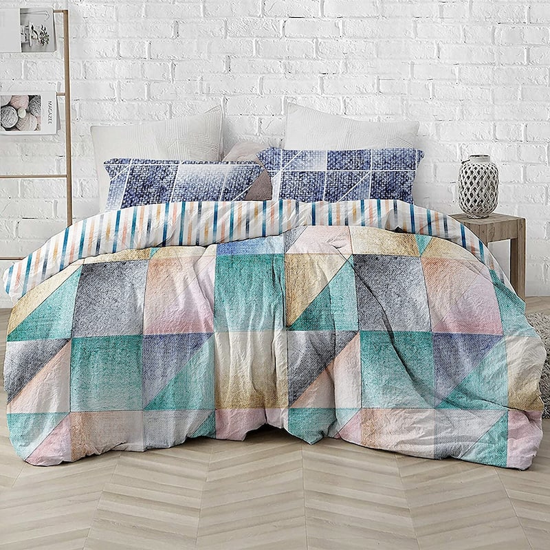 Delara GOTS Certified 100% Organic Cotton Geometric Reversible Print Duvet Cover and Sham Set of 2, Blue/Teal