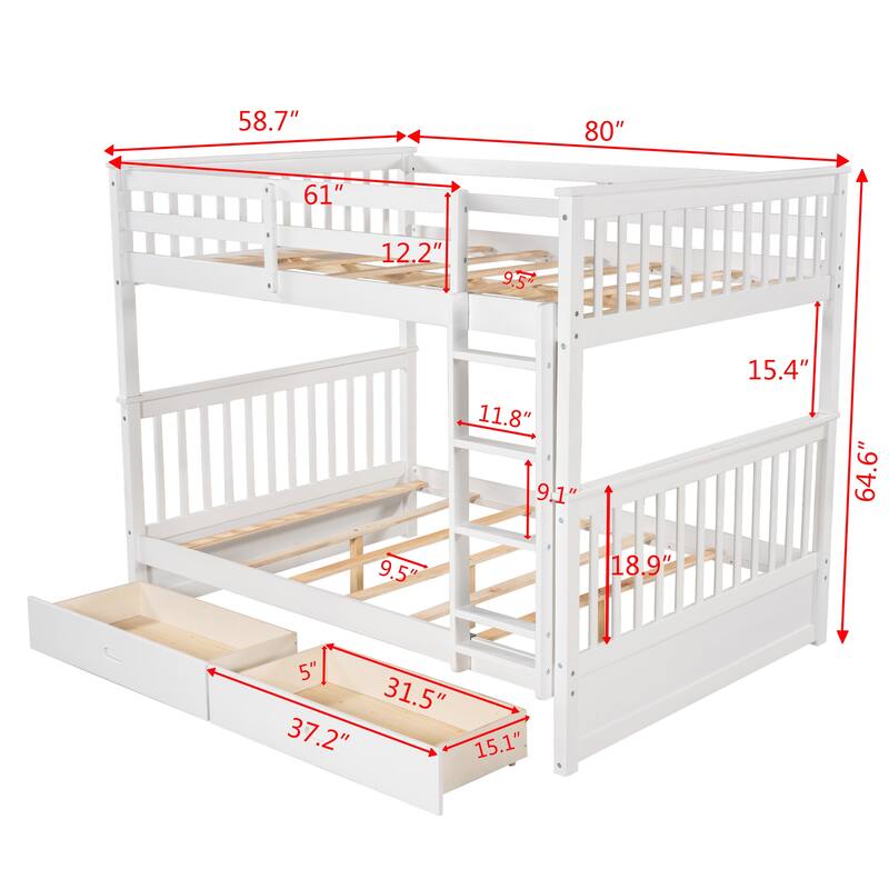 Full Over Full Bunk Bed with Drawers, Full Size Bunk Bed, Solid Wood Bunk Bed Frame with Ladders & 2 Storage Drawers