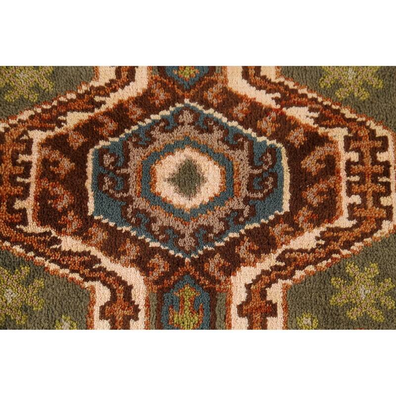Green Geometric Kazak Runner Rug Hand-Knotted Traditional Wool Carpet - 2'8"x 9'8"