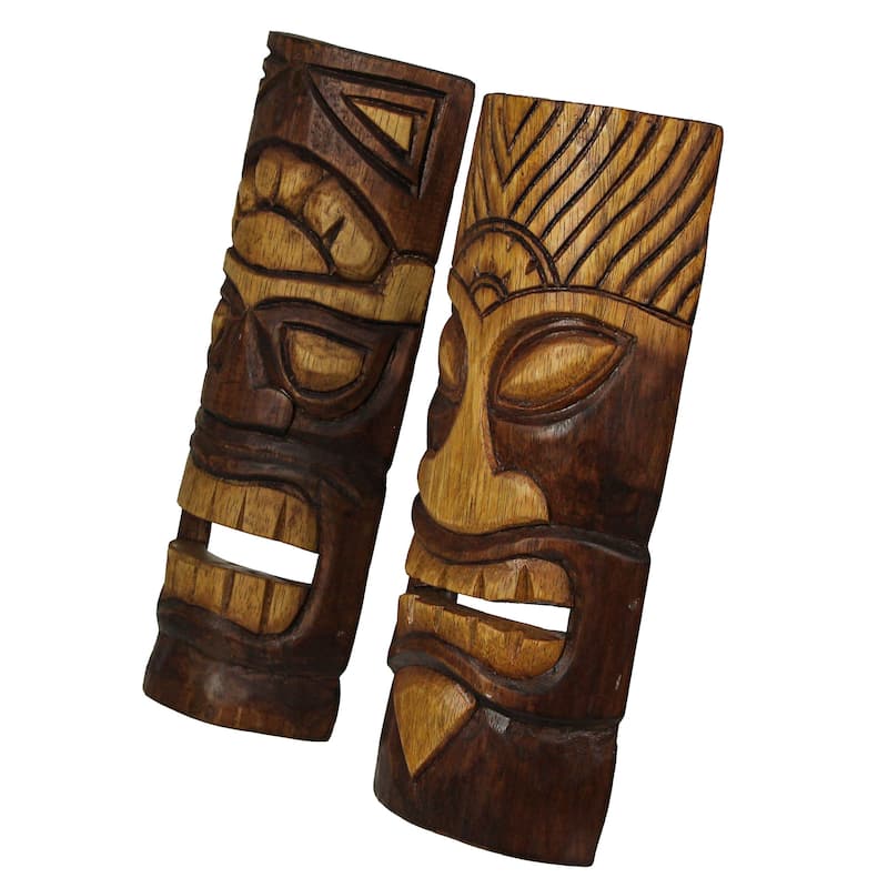 Brown Wood Tiki Mask Wall Hangings-Abstract Design 12 Inch (Set Of 2)